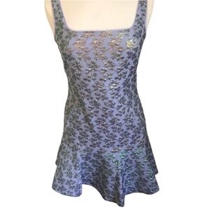 BCBGMaxazria mini lilac metallic Dress w/floral print & lilac tool trim size XS